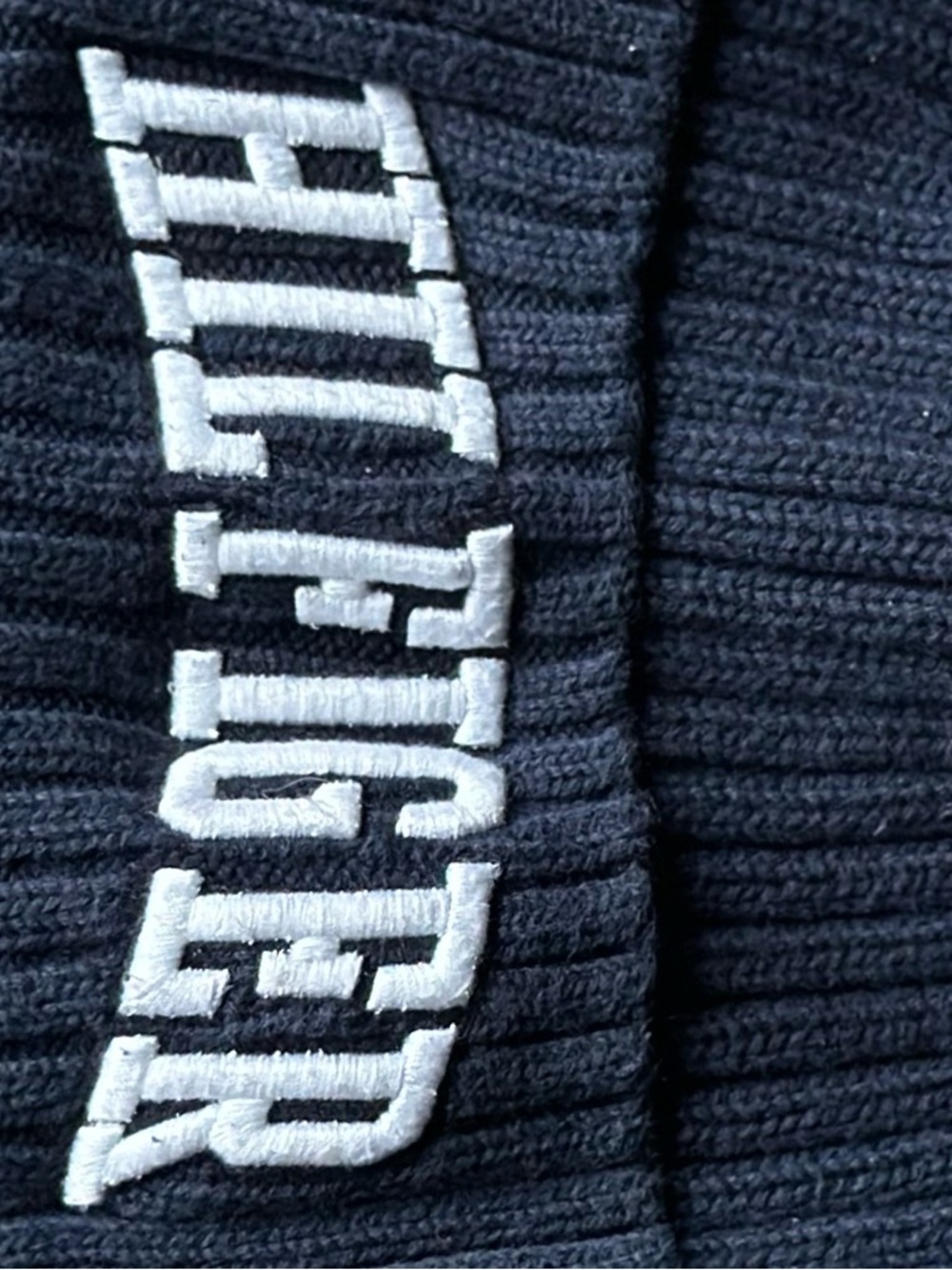 Tommy Hilfiger Navy Ribbed Knit Sweater Hat with Red & White Stripe Accent